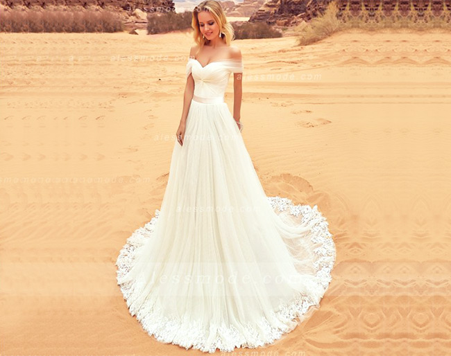 elegant off the shoulder long a-line/princess ivory tulle wedding dress with sash