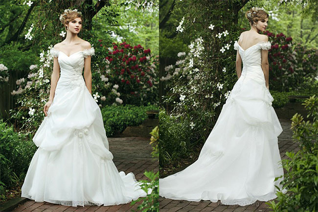 A-line Off-the-shoulder Organza Sweep Train White Flowers Wedding Dresses