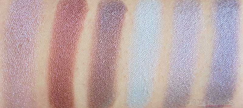 BH Cosmetics Galaxy Chic Eyeshadow Palette Swatches Bottom Row - Mercury, Mars, Asteroid, Uranus, Moon, Pluto