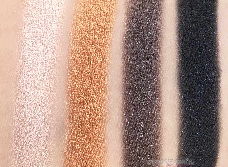 Swatches of Unbothered, TF, Titus and Stallion from ColourPop Perception Pressed Powder Shadow Palette