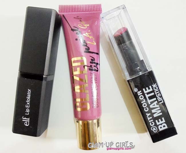 Elf exfoliator, L.A Girls Glazed Lip Glaze, City Color Be Matte Lipstick