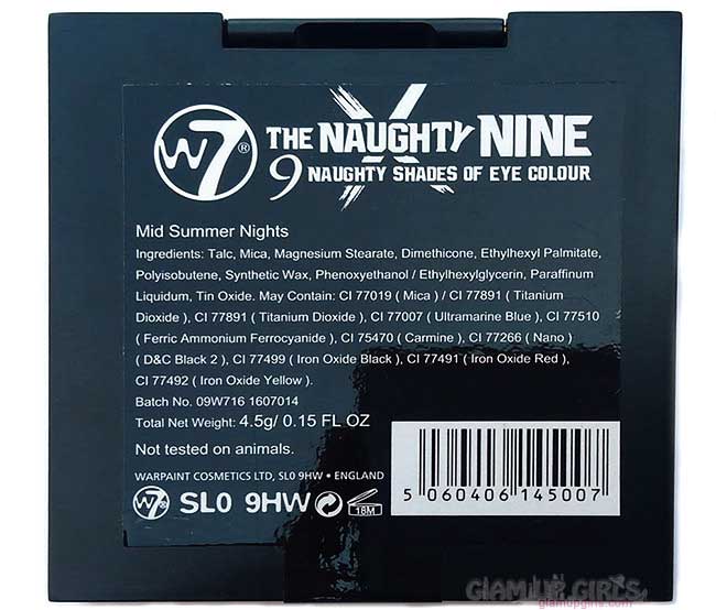 W7 Naughty Nine Eyeshadow Collection in Mid Summer Nights Ingredients