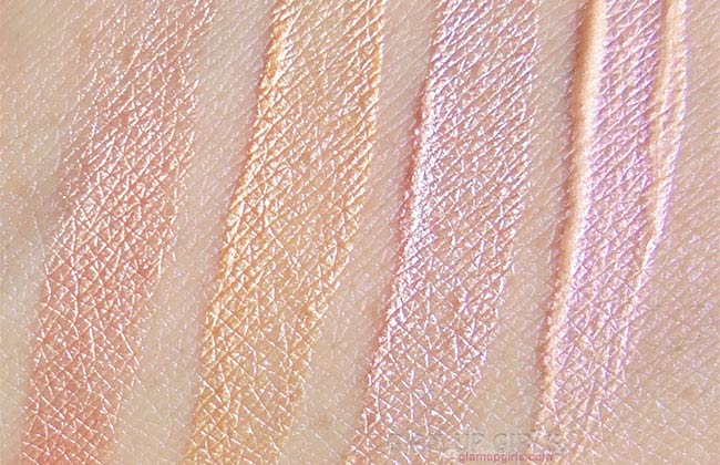 Comparison of City Color Highlighter Wand in Champagne, NYX illuminator in gleam, Sigma liquid highlighter afterglow and City color contour stick and cream highlighter in deep