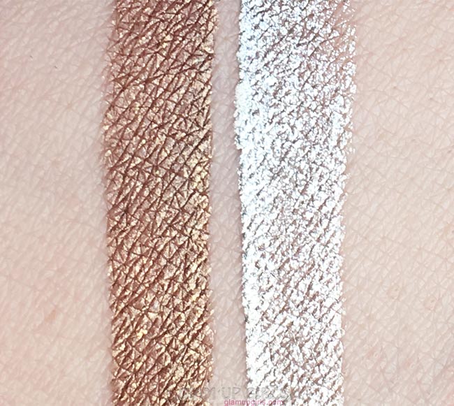 Swatches of Rivaj UK Dazzling Shimmer Liquid Glitter in shade 19 and 16