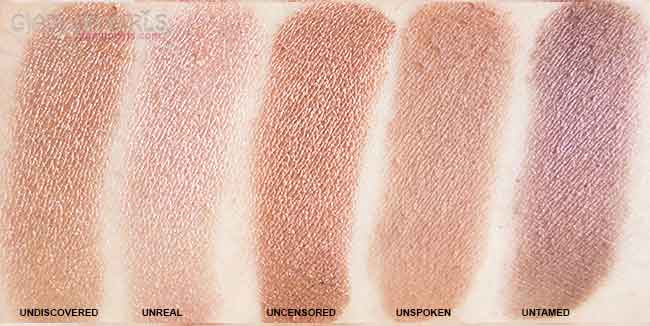 Lorac Unzipped Eyeshadow Palette, bottom 5 matte and shimmery shades