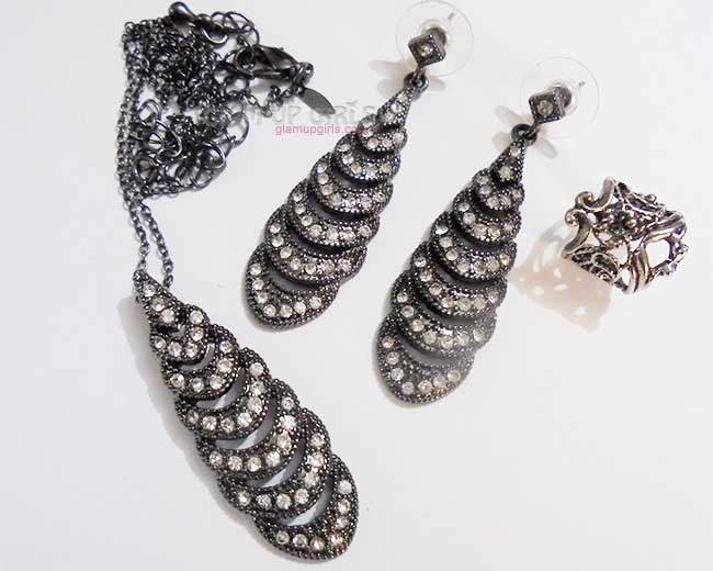 Zircon carving necklace and earrings, Small Antique ear cuff