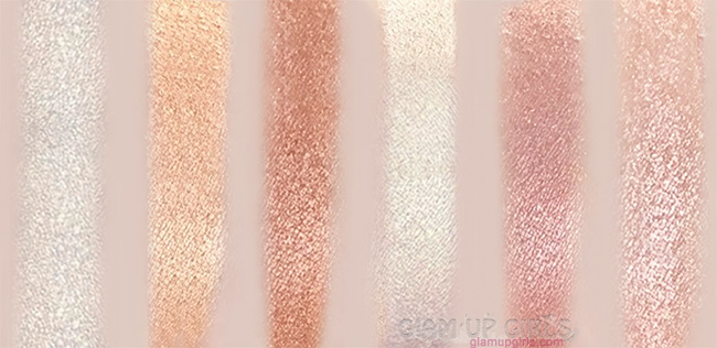 Bh cosmetics spotlight highlight swatches R to L: Ethereal, dream, radiance, glow, allure and vivid