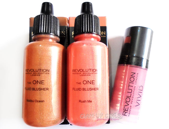 Makeup Revolution The one Fluid Blusher in Rush Me , Malibu Ocean and Vivid Blush Lacquer in Rush