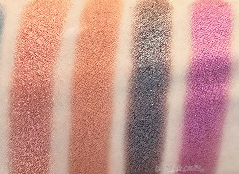 Swatches of Strut 'n Stay, Culture, Sassy and September from ColourPop Perception Pressed Powder Shadow Palette