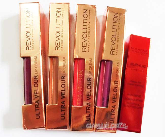 Makeup Revolution Ultra Velour Lip Cream in All I think about is you, Don't bring me down, Their eyes can't find us, Not one for playing games and #Liphug-Keeps the Planet Spinning