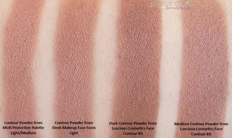 Comparison of Contour Powder from  MUR Protection Palette Light/Medium, Sleek Makeup Face Form Light, Dark and Medium Contour Powder from  Luscious Cosmetics Face Contour Kit