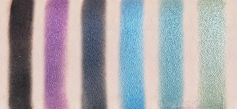 Sleek Makeup i-Divine Eyeshadow Palette in Original Top row swatches L to R: Black Cab, royal, London Rain, The Thames, E10, Hyde Park