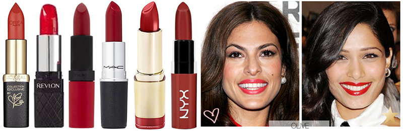 Best Red Lipstick for Olive Skin Tone. L to R: L'Oreal Colour Riche Eva's Red, Revlon ColorBurst Lipstick in True Red, Rimmel Kate Matte Lipstick 107, MAC Ruby Woo, Milani Color Statement Lipstick in Red Label, NYX Butter Lipstick in Mary Janes