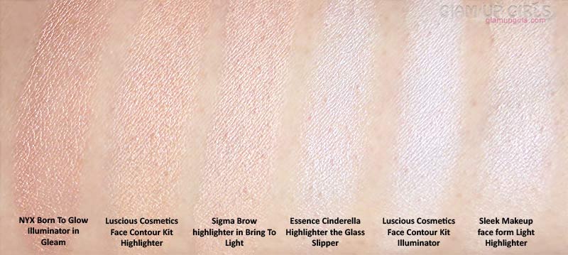 Comparison of NYX Born To Glow Illuminator in Gleam, Luscious Cosmetics Face Contour Kit Highlighter and Illuminator, Sigma Brow  highlighter in Bring To Light, Essence Cinderella Highlighter the Glass Slipper and Sleek Makeup  face form Light Highlighter